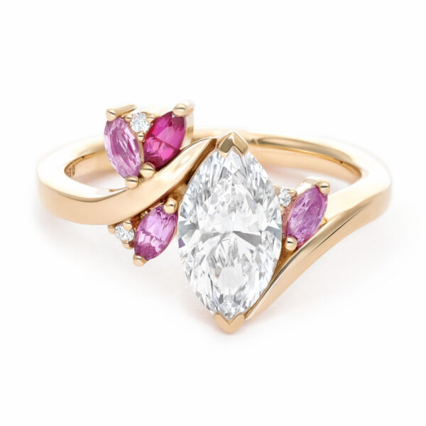 custom-asymmetric-colourful-engagement-ring-yellow-gold-with-lab-grown-marquise-diamond-and-pink-sapphire-accent-stones