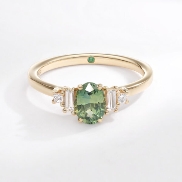 custom-five-stone-yellow-gold-green-oval-sapphire-engagement-ring-with-baguette-and-princess-accent-diamond