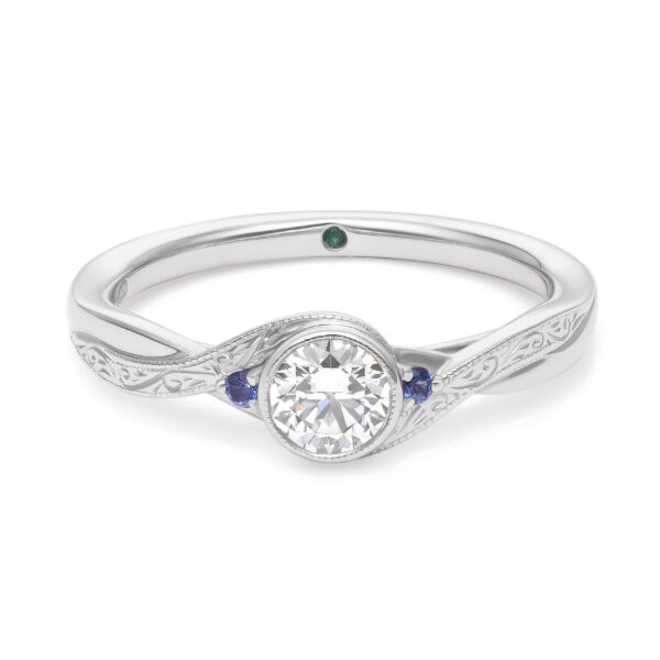 custom-wave-asymmetic-platinum-engagement-ring-bezel-setting-engraving-blue-sapphire-accent-stones