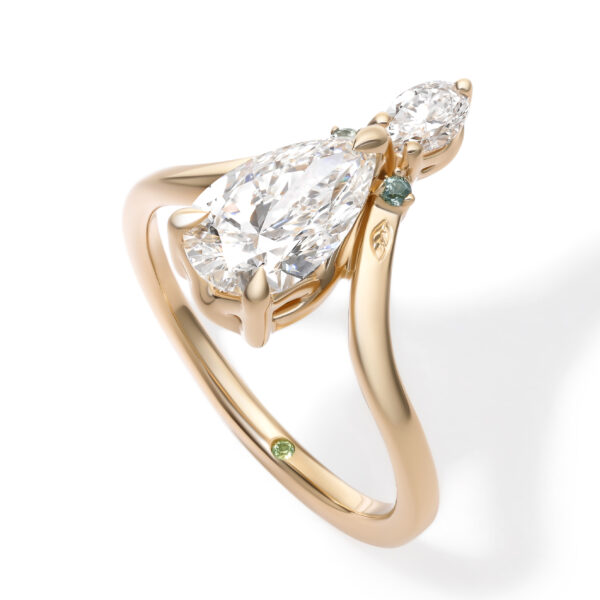 custom-yellow-gold-engagement-ring-hand-engraved-leaves-light-green-sapphire-accent-stones-oval-lab-grown-pear-diamond3