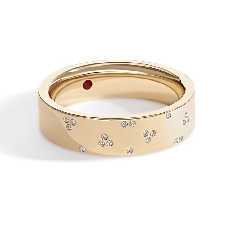 flat edge yellow gold wedding engagement ring small micro diamond pave unisex