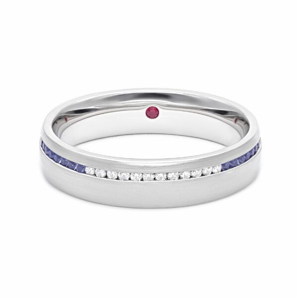 Mens platinum wedding ring with blue sapphire and diamond ombré channel setting