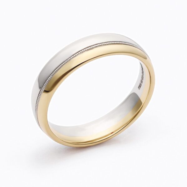 Mixed metal mens wedding ring with milgrain border